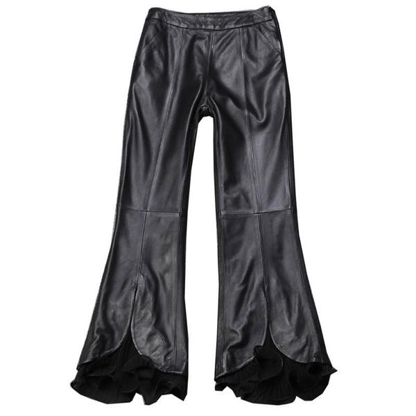

women's pants & capris fashion women sheepskin genuine flare boot cut lace spliced wide leg trousers high waist office lady leather, Black;white