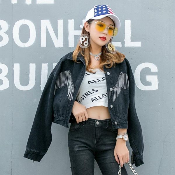 

women's jackets sexemara fashion spring the loose tassel wash denim jacket, Black;brown