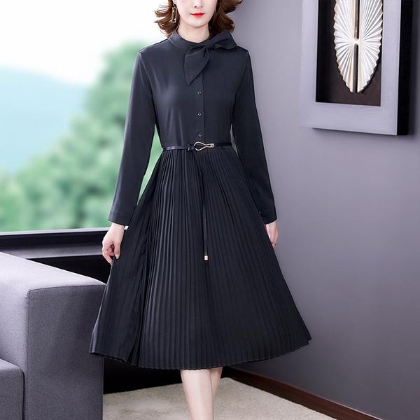 

casual dresses spring autumn black long sleeeve pleated dress 2021 women vintage office lady midi korean elegant bodycon vestidos, Black;gray