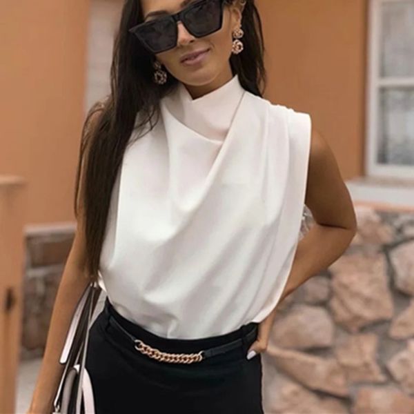 

2021 summer newcomers with sleeveless collars chiffon female blouse 47b1, White