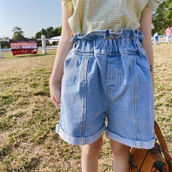 

shorts korean style solid pants toddlers children bud 2021 summer baby girls denim kids high-waist trousers, Black