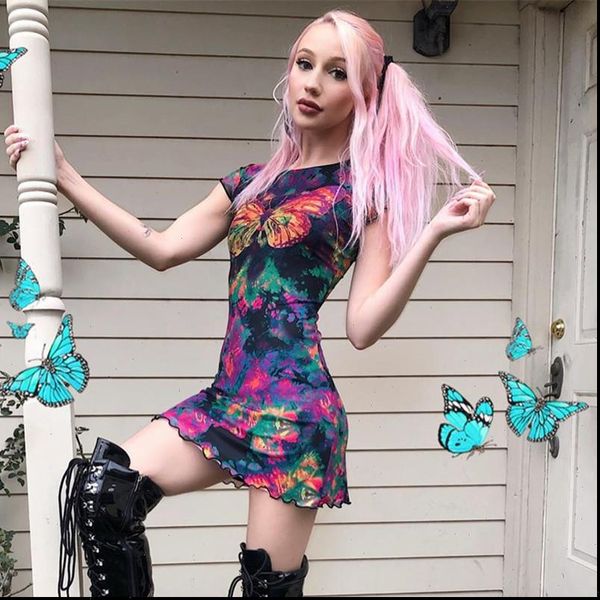 

tie dye butterfly print summer dresses for women party clubwear outfits double layer mesh mini dress cute vestidos, Black;gray