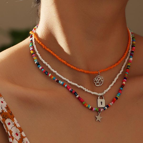 

chokers bohemian color seed beads handmade layered choker necklace pendant women fashion personality flower lock star clavicle necklaces, Golden;silver