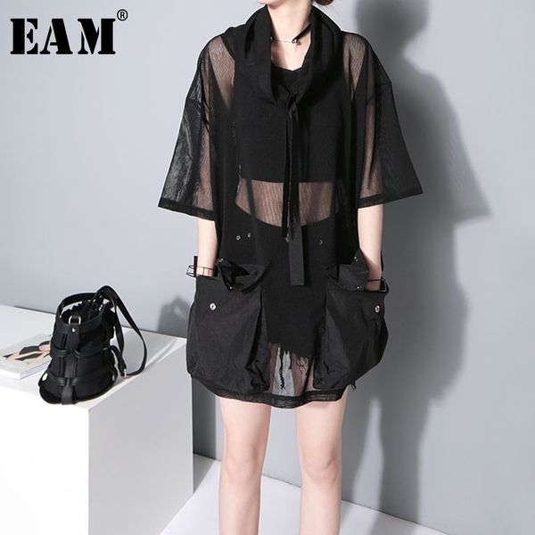 

[eam] 2021 new spring autumn turtleneck half sleeve big pockets mesh bandage button perspective t-shirt women fashion tide jy935 210306, White