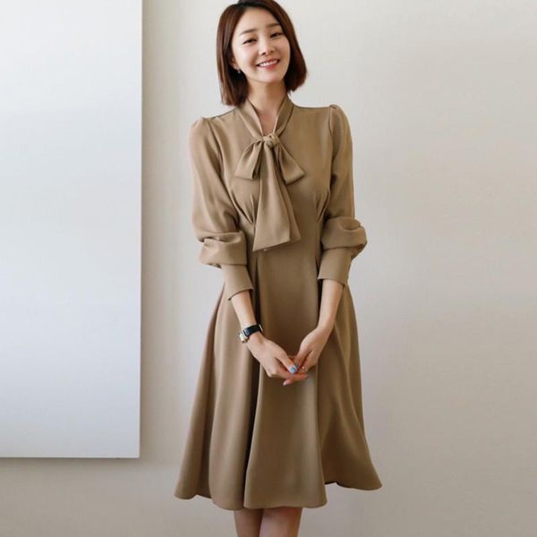 

casual dresses vintage office ladies ol work dress women spring long sleeve midi female high waist slim party, Black;gray