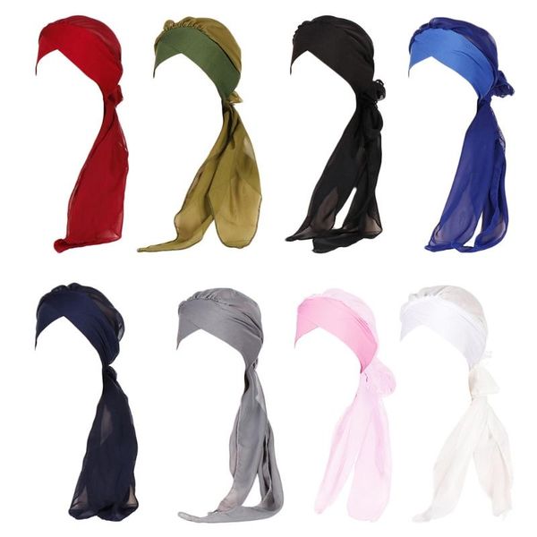 

beanie/skull caps women muslim elastic turban chiffon long tail ruffle hat solid color head scarf wrap forehead cross band cancer chemo cap, Blue;gray