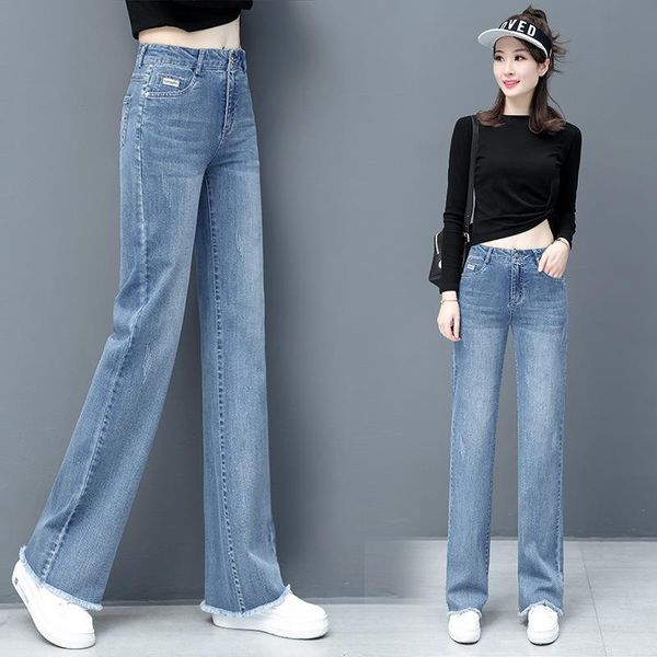 

women's jeans spring women high waist pants stretch denim full length wide leg female large size 3xl casual trousers, Blue
