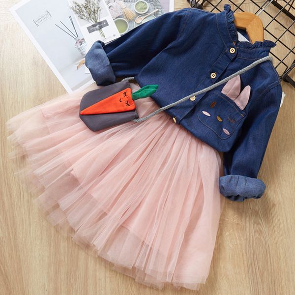 

spring new style childrens denim shirt suits for girls rabbit embroidery shirt yarn skirt bag three piece sets lovely costumes, Red;yellow