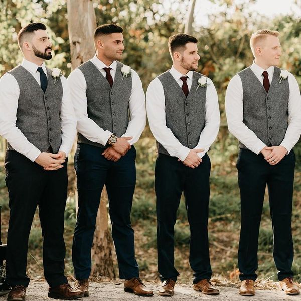 

handsome gray groom vests wear wool herringbone tweed groomsmen vest slim fit mens dress attire suit vest prom wedding party waistcoat, Black;gray