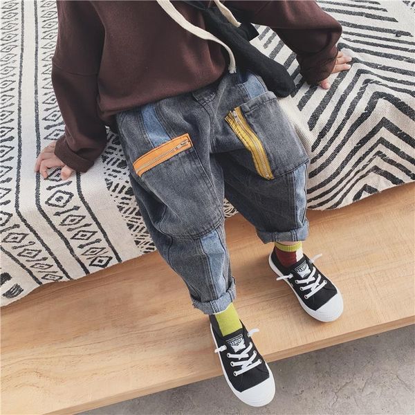 

boys jeans pants new spring autumn clothes casual stitching jeans boys pocket trousers, Blue