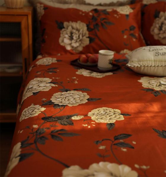 

bedding sets chinoiserie retro red flower set,cotton twin full  king single double home textile bed sheet pillowcase quilt cover