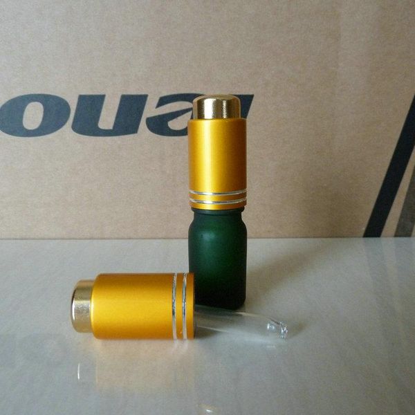 

5ml clear/blue/green/brown frosted glass bottle with aluminum matte gold press dropper cap. oil vial, essential oil container