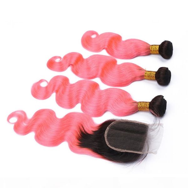 

peruvian ombre pink human hair 3bundles with lace front closure 4x4 body wave #1b pink ombre virgin hair weaves extensions with closure, Black