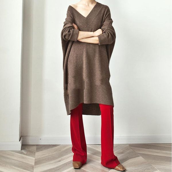 

women's sweaters [ewq] autumn long sweater female v-neck oversized loose brown knitted jumper woman pullover winter streetwear, White;black