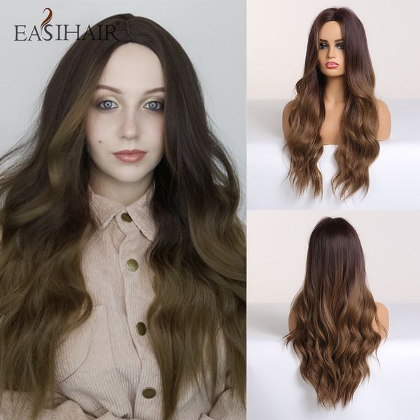

costume accessories easihair long wavy brown ombre synthetic wigs for women middle part wave wigs natural hair heat resistant daily wig, Silver