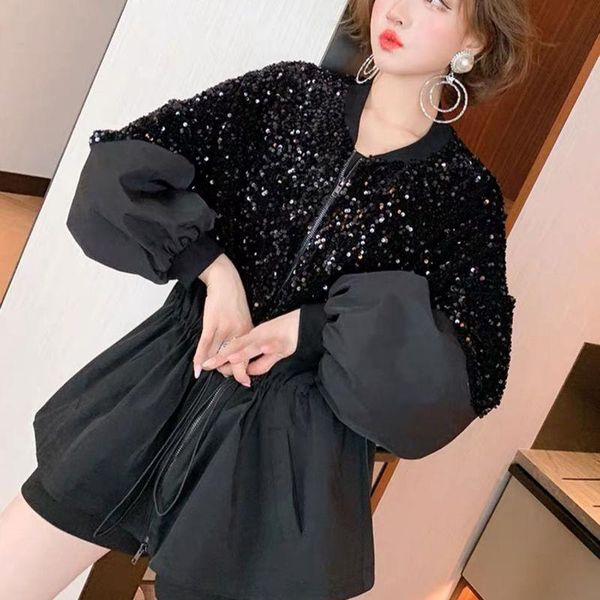 

women's jackets sequins windbreaker women black zipper waist adjustable elegant party clothing lantern sleeve streetwear coats fall, Black;brown