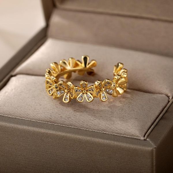 

cluster rings ladies flower open for women stainless steel gold cubic zircon adjustable ring jewelry students girl gift 2021, Golden;silver