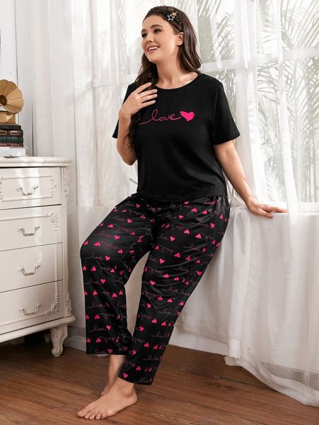 

plus heart and letter graphic pj set 70om#, Black;white