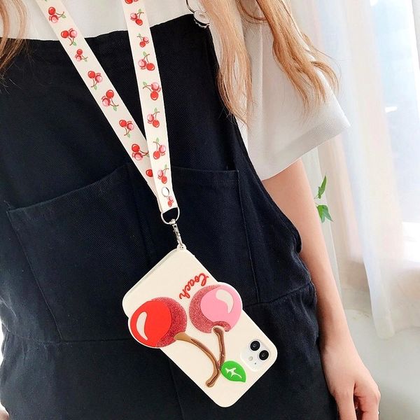 

3d cute fruit cherry lanyard phone case for iphone 11 pro max se 2020 xs max xr x 6 7 8 plus crossbody shoulder strap soft cover