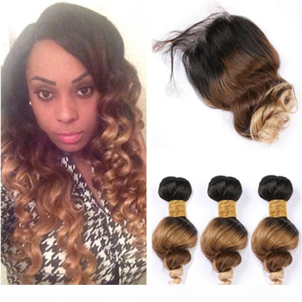 

three tone hair weaves #1b 4 27 ombre human hair bundles with closure honey blonde ombre peruvian hair weaves with lace closure 4x4, Black
