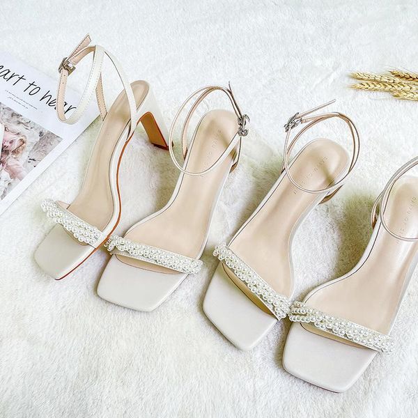 

sandals women high heels ladies 2021 summer pearls thick heel ankle strap solid black comfortable beach