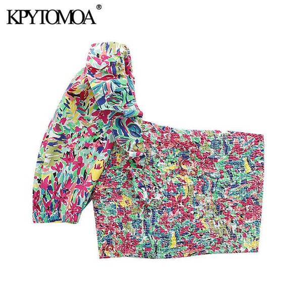 

kpytomoa women fashion floral print smocked elastic cropped blouses vintage one shoulder ruffled female shirts chic 210721, White