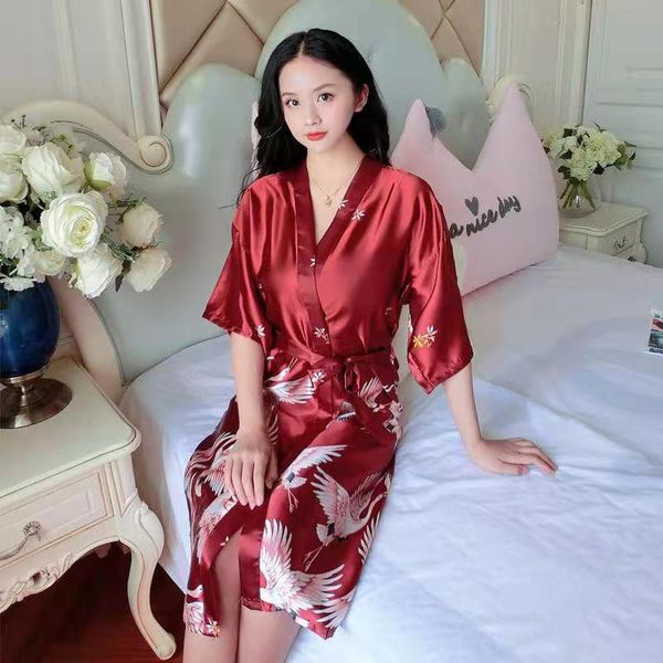 

2021 spring summer home clothes for women cool ice silk half sleeve mid length robe fashion pattern with sashes sleepwear femme, Black;red