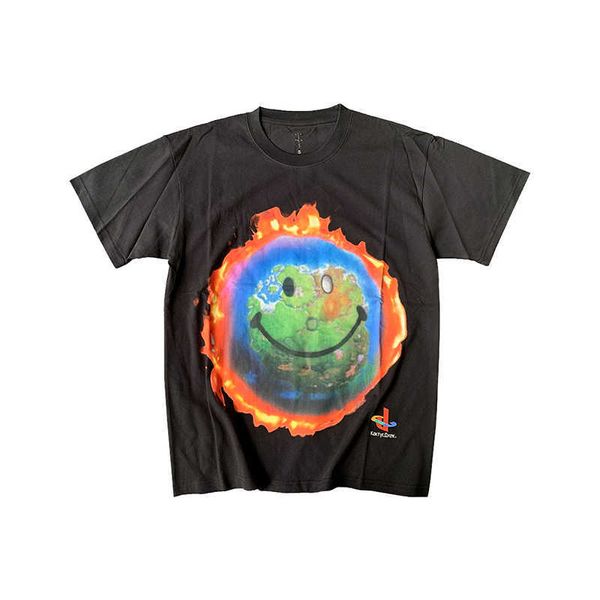 

travis scott fortress night co branded smiling face earth high street hip hop tide brand washed loose short sleeve t-shirt opn0, White;black