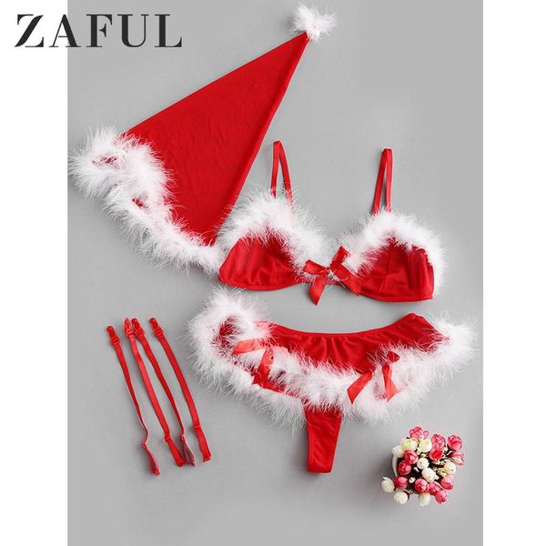 

two piece dress zaful feather trim bowknot christmas hat and bra set women cotton adjusted-straps three quarters unlined holiday sets, White
