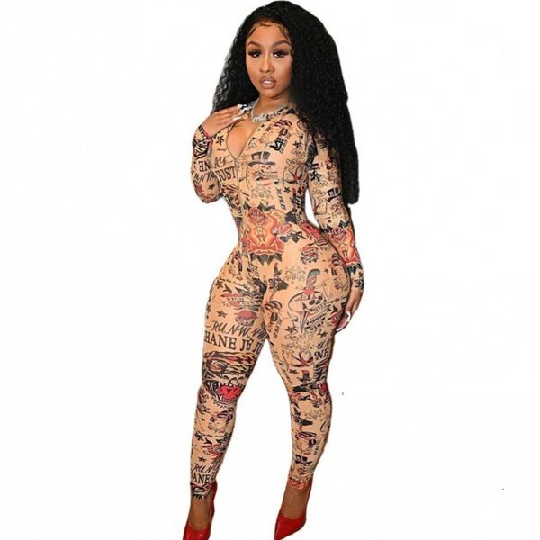 

thin of women zipper collar 2021 new spring dashiki elegant print streetwear overalls kmak, Gray
