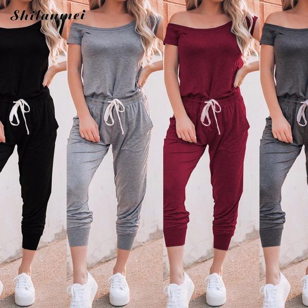 

women's jumpsuits & rompers solid casual one shoulder short sleeve 2021 fashion summer women slim elegant long female overalls, Black;white
