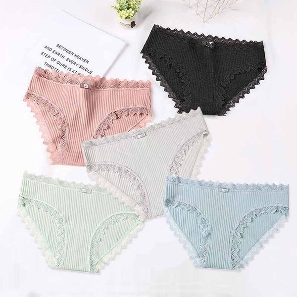 

women's panties 5pcs/lot seamless underwear solid color lace-trimmed knickers mid-rise cotton briefs simple style maiden underpants, Black;pink