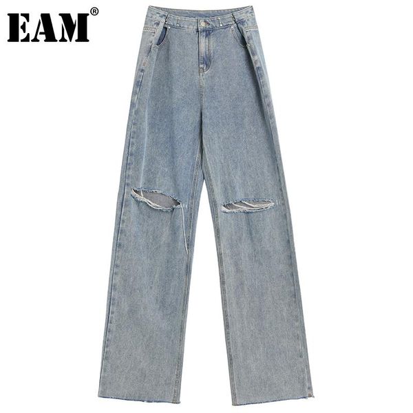 

women's jeans [eam] high waist pleated long denim casual wide leg loose women trousers fashion tide spring autumn 2021 1de0966, Blue