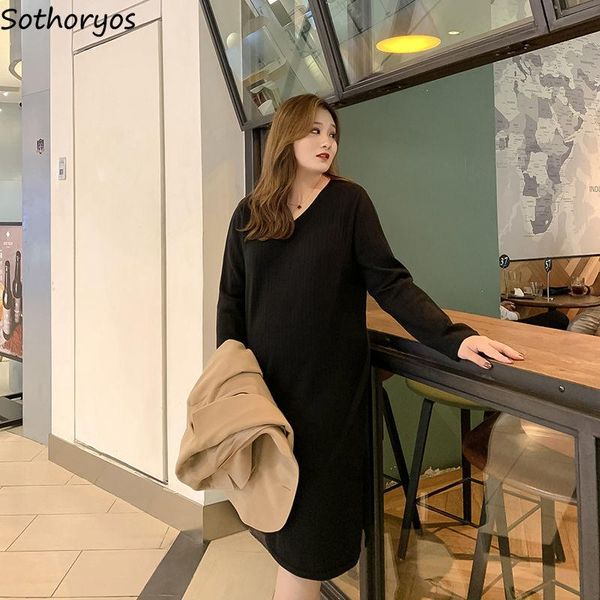 

casual dresses long sleeve v-neck knitted spring large size 4xl loose fashion solid side-slit womens outwear elegant korean chic, Black;gray