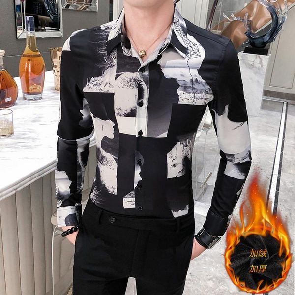 

ropa hombre 2019 shirt men thick warm mens casual shirts streetwear digital print slim fit club prom tuxedo 3xl fashion 20191, White;black