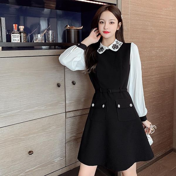 

fashion full sleeve women one-piece dress korean spring sequins turn-down collar dresses black 8679 casual, Black;gray