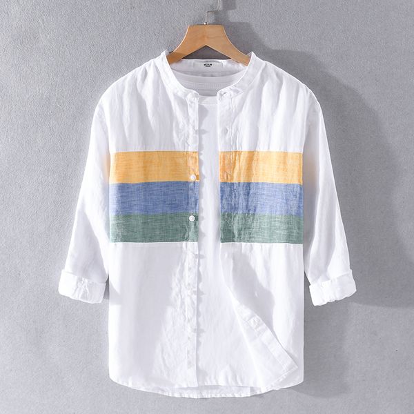 

2021 new style three-quarter sleeve stand collar brand shirt linen summer breathable fashion shirts for men chemise camiseta 3vu1, White;black