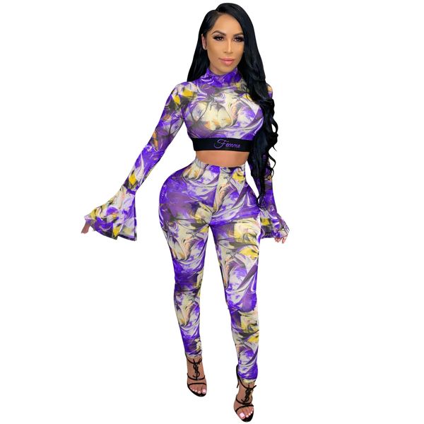 

outfit set autumn winter new womens two piece set digital mesh printing trumpet sleeve short pencil pants set, Gray