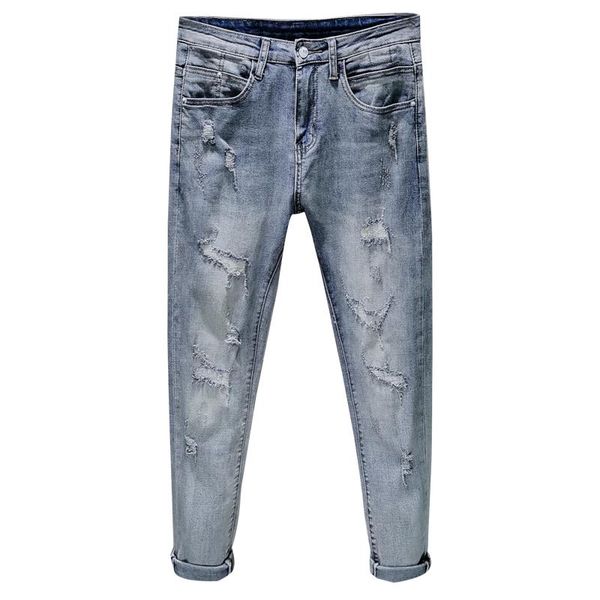

ripped jeans men skinny light blue high street style male jeans elasticity slim fit frayed casual men pants trousers biker