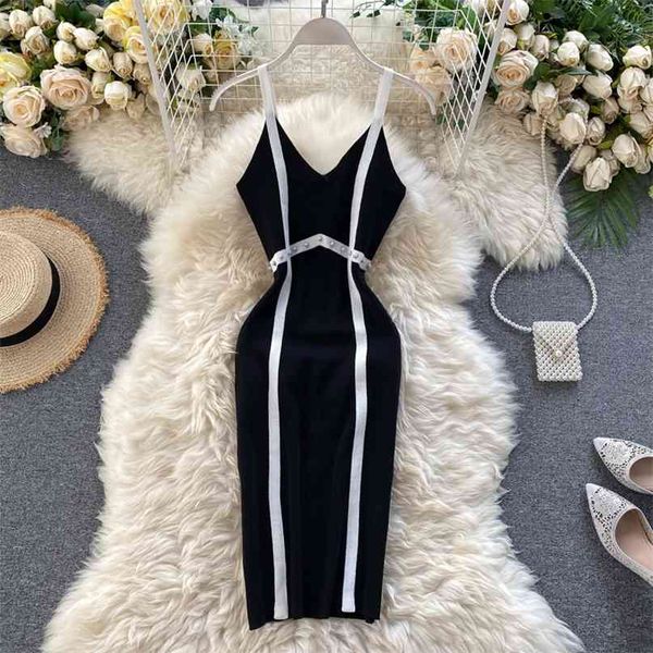 

ins women fashion contrast v neck sleeveless high waist thin knitted dress package hip vestidos m178 210527, Black;gray