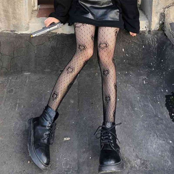 

women gothic punk high waist tights heart rose spiderweb patterned pantyhose sheer mesh fishnet jacquard hollow out stockings ho, Black