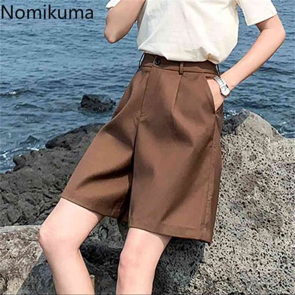 Nomikuma Hohe Taille Shorts Frauen Einfarbig Anzug Kurze Hosen Weibliche Koreanische BF Stil Streetwear Freizeit Täglich 3a764 210714
