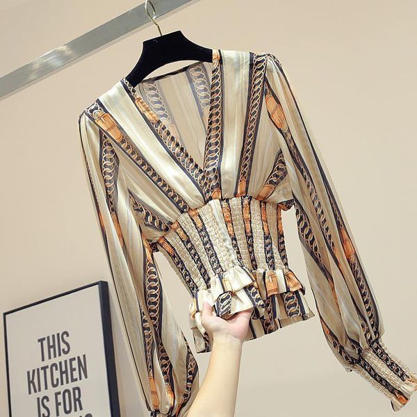 

women shirts autumn arrivals long sleeve v neck beige striped slim chiffon polyester blouse mk173, White