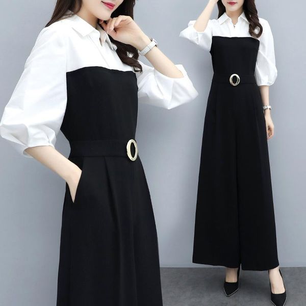 

women's jumpsuits & rompers spring chiffon office lady combinaison pantalon femme elegante overalls patchwork salopette romper women ju, Black;white
