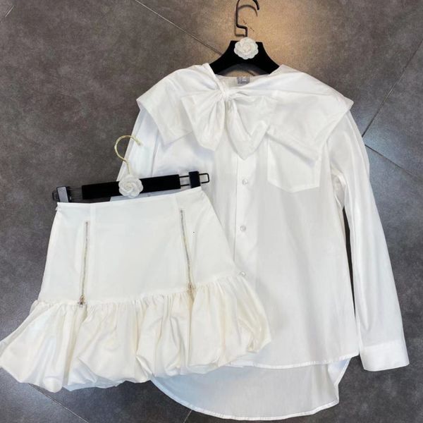 

2021 new spring arrival long sleeve turn down collar bow high waist shirt skirt plied two pieces women's clothing set b9ui, Black;gray
