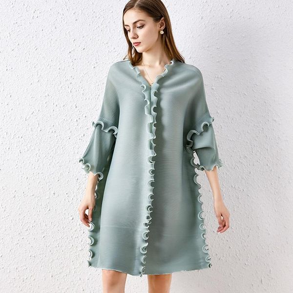 

casual dresses summer women fashion dress three quarters sleeve solid color v-neck loose plus size miyak pleated mini for female, Black;gray