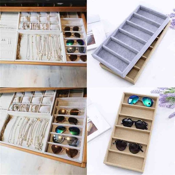 6 grades óculos de sol exposição caixa de linho / veludo jóias embalagem adereços jóias organizer bandeja casos de moda 210922