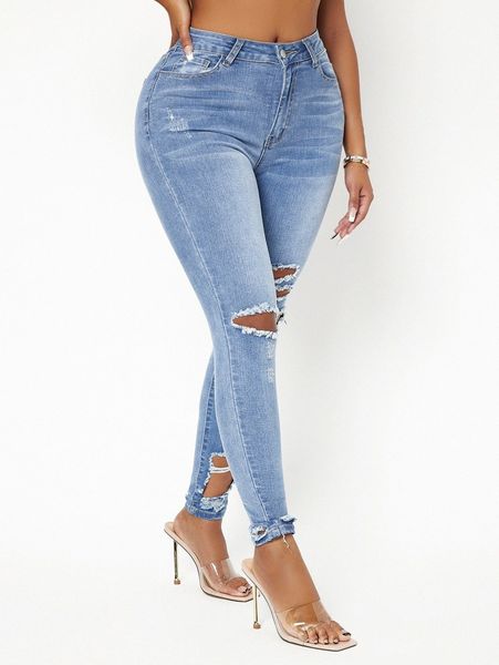 

sxy ripped raw hem skinny jeans q5il#, Blue