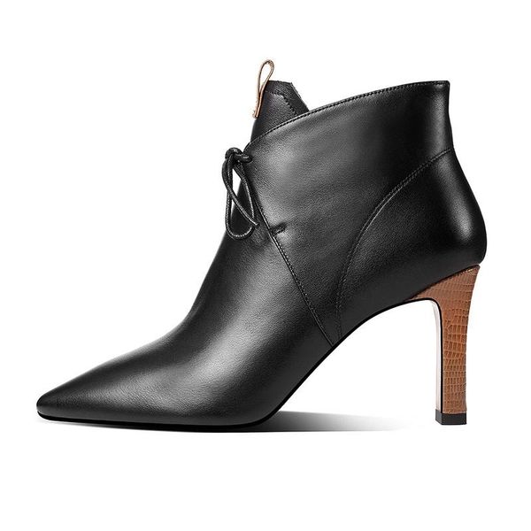 

boots genuine leather women fashion casual ankle for high heel shoes motocycle quality natural velvet, Black