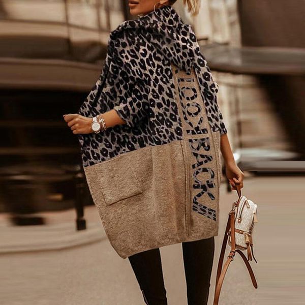 

women's trench coats casual pocket loose hooded coat cardigan women vintage leopard letter print 2022 spring autumn long sleeve female, Tan;black